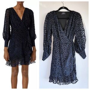 NEW The Kooples Winter Dots Velvet Long Sleeve Wrap Dress in Black & Blue Sz US4